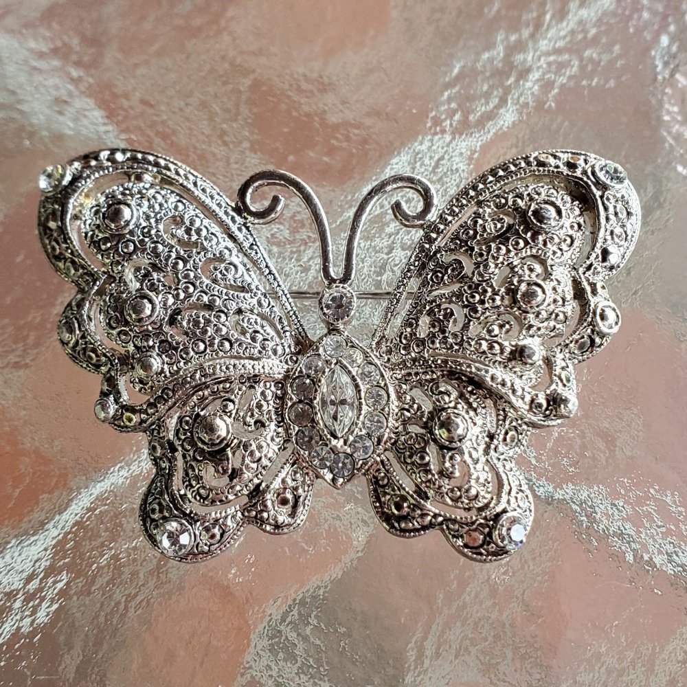 Silver & Rhinestone Butterfly Pin